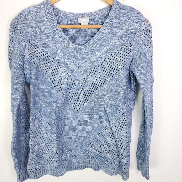 Chicos Sweater Womens 0 Size Small Pointelle Blue V Neck Knit Mid Weight - Picture 1 of 8
